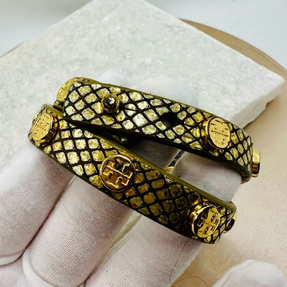 EUC Tory Burch Miller Stud Double Wrap Metallic Gold Exotic Snakeskin Bracelet